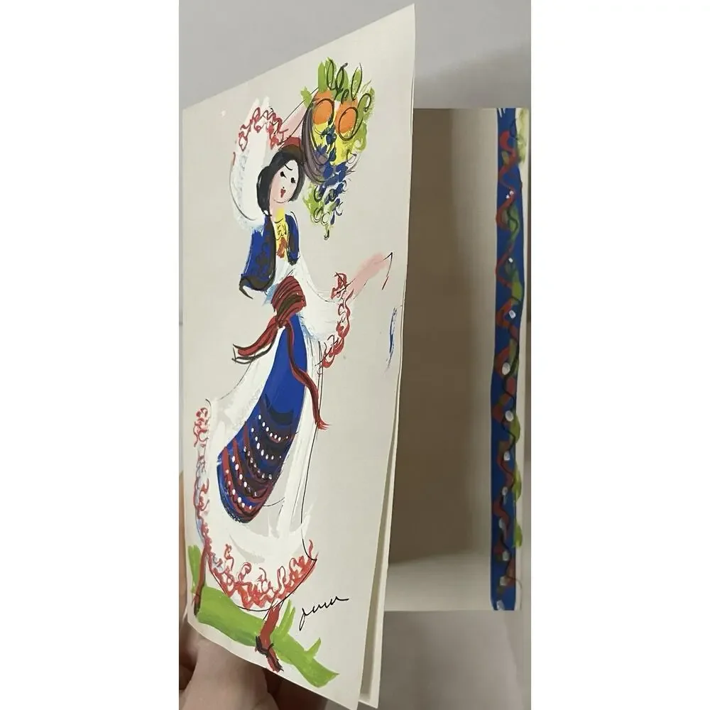 VTG Hand Painted Greeting Card w Envelope Woman Fruit Basket Folk Dress Mid OOAK